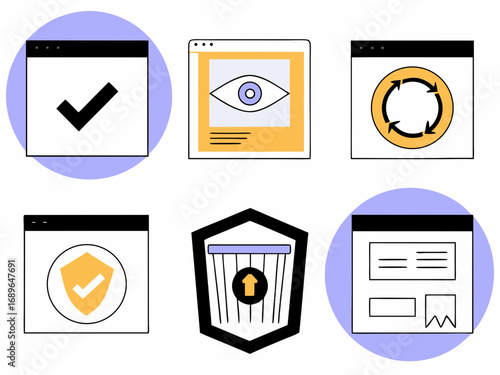 Collection of modern flat design icons representing website actions like verification security refresh and content display