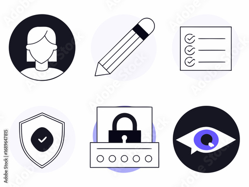 Collection of modern flat icons representing user profile writing task list security password and observation