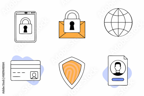 Collection of simple line art icons representing digital security and personal data protection concepts