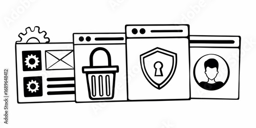 Digital interface icons representing website development e commerce shopping online security and user profiles