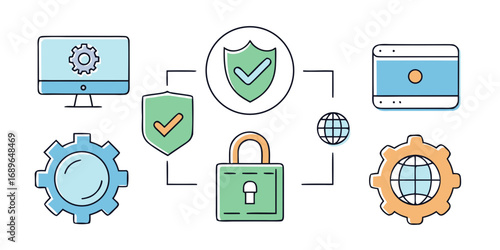 Digital security and network protection concept with icons of computer shields lock gears and globe