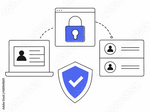 Digital security concept with a laptop a browser window showing a padlock and user profiles protected by a shield