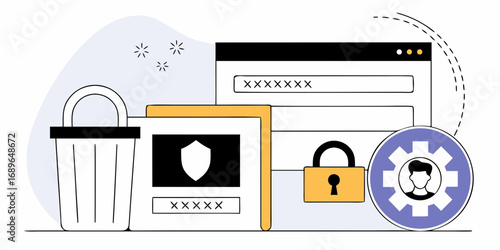 Digital security concept with password input shield trash can padlock and user settings gear icon