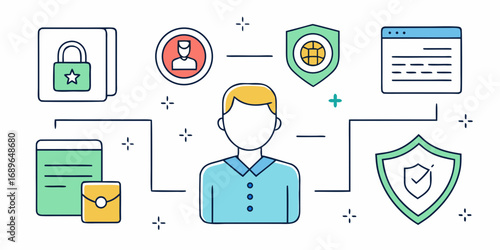 Digital security concept with user profile locked documents and data protection shields