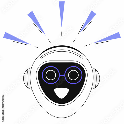 Friendly cartoon robot head with big blue glasses and a happy smile radiating light beams