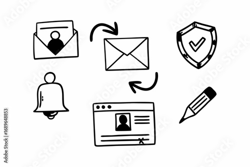 Hand drawn icons representing communication security notifications and profile management on a white background