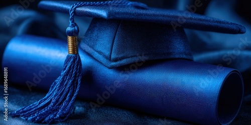 Close-up of a graduation cap, tassel, and rolled diploma on a blue fabric.
