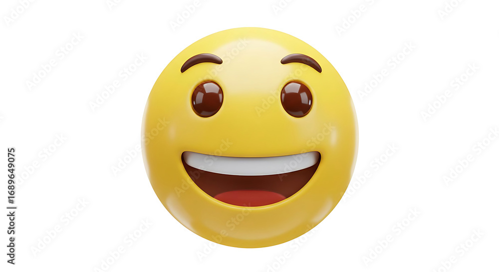 Fototapeta premium A bright yellow emoji face with wide, happy eyes and a broad, open-mouthed smile, conveying joy and positive emotion against a clean white background.
