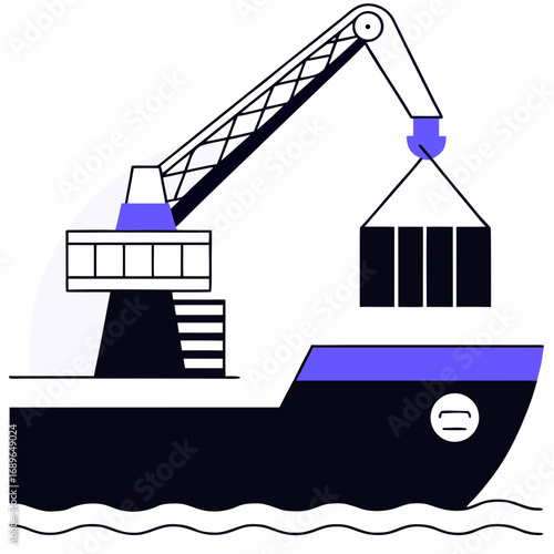 Modern cargo ship with a crane loading shipping containers in a stylized flat design
