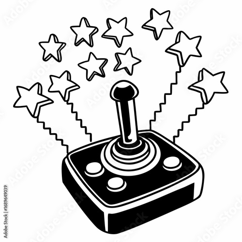 Retro arcade joystick with stars bursting out representing success and victory in video games