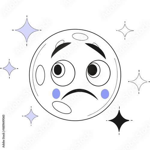 Sad cartoon moon character with big eyes and blue cheeks surrounded by sparkling stars on a white background
