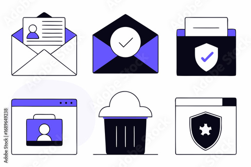 Set of six modern flat design icons representing email security user profiles and data protection concepts