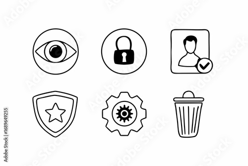 Set of simple outline icons representing security privacy user profile settings and deletion on a white background