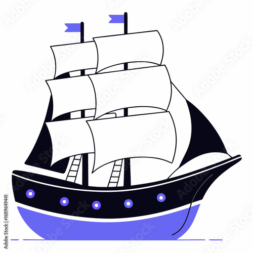 Stylized illustration of a classic sailing ship with large white sails and blue hull against a white background