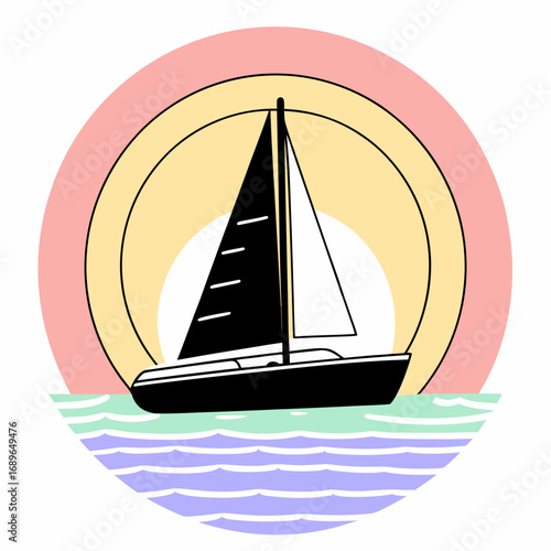 Stylized sailboat silhouette gliding across colorful ocean waves against a pastel sunset background