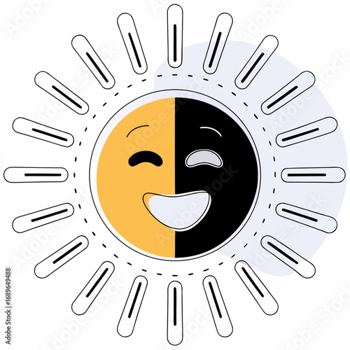 Stylized sun with a face split between bright yellow and dark night representing duality and contrast