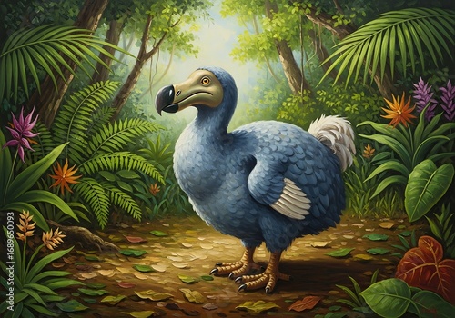 A large, vibrant blue dodo bird stands amidst lush tropical foliage in a sun-drenched forest scene.