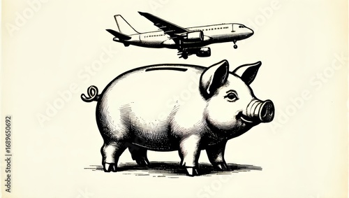 Piggy bank with airplane flying above in vintage illustration style  