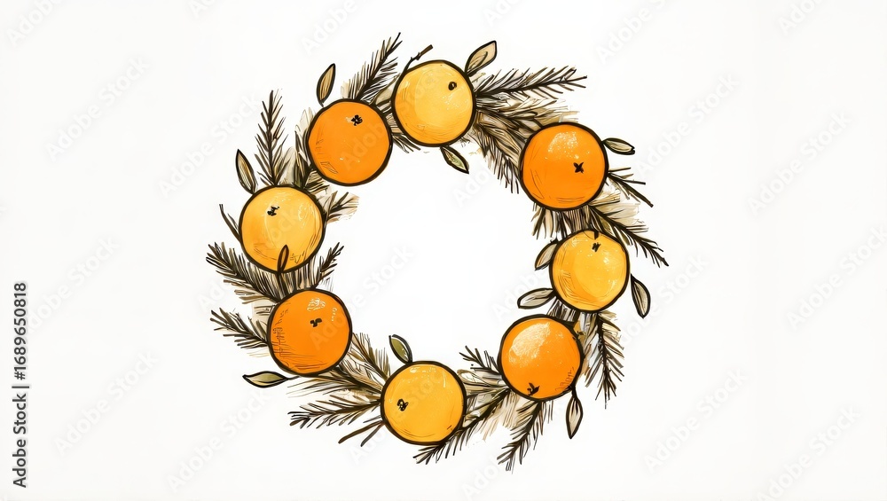Obraz premium Fruit wreath with oranges and pine branches in seasonal design 