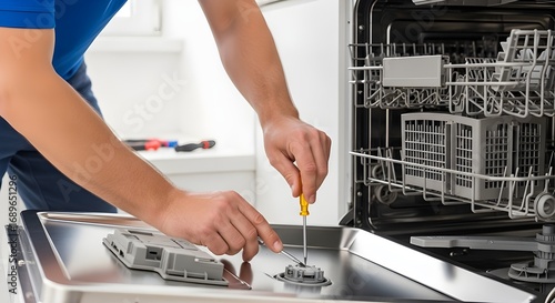 Professional appliance repairman fixing dishwasher with screwdriver, modern kitchen setting