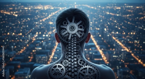 Mechanical Mind: Gears and Cogs Replace Human Anatomy Against City Lights