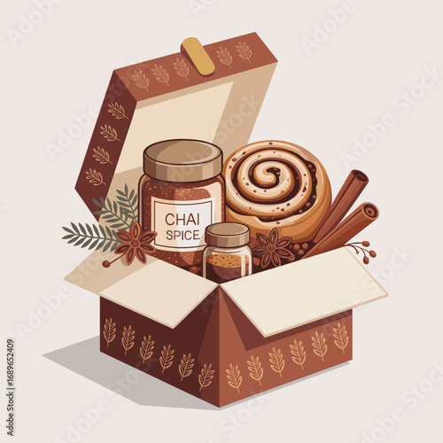 Chai Spice and Cinnamon Bun Gift Box Illustration