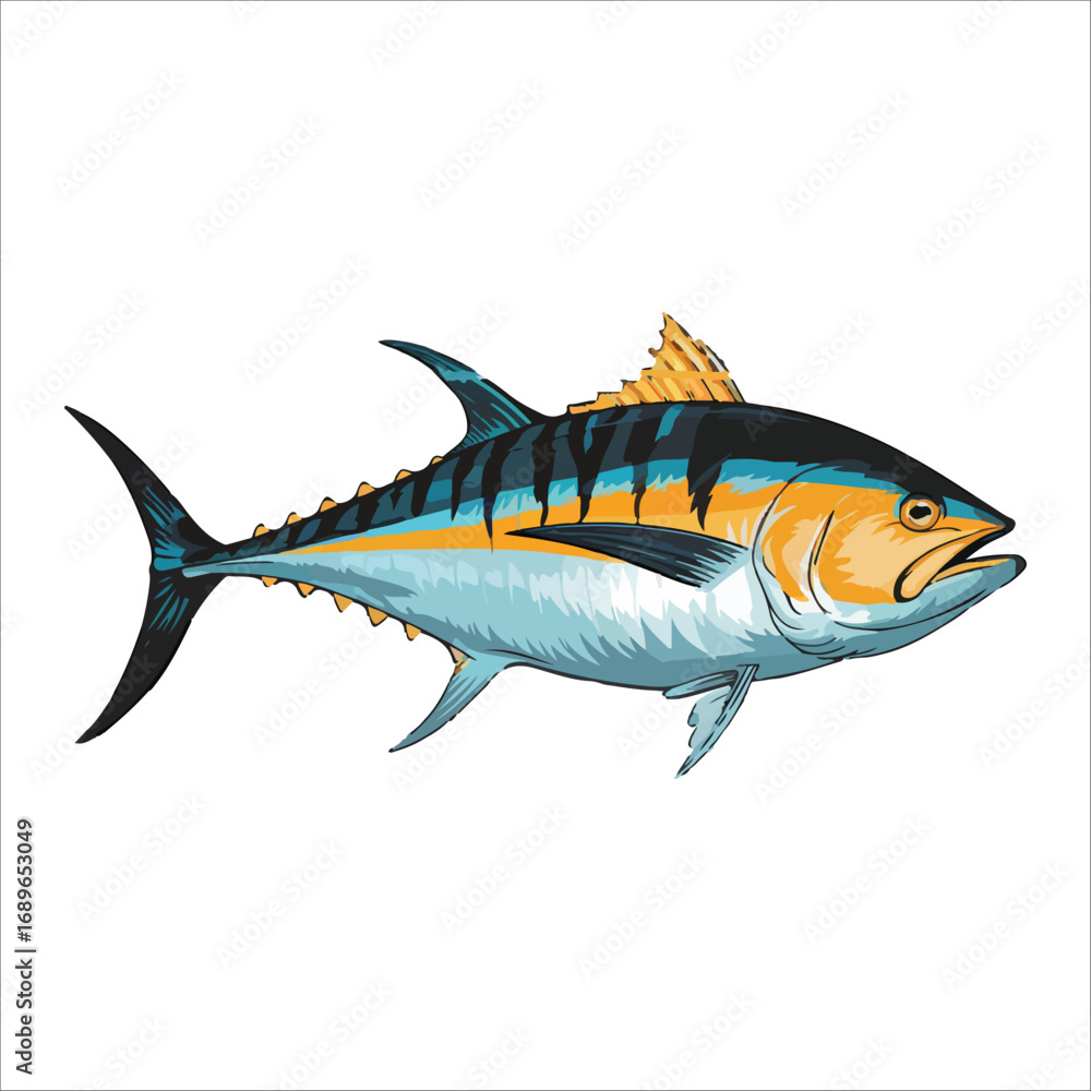 Fototapeta premium Vibrant Yellow fin Tuna Illustration vector: Hand-Drawn Style, Marine Life, Seafood Design