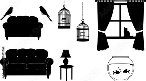 Illustration showcasing a sofa, bird, birdcage, cat, window with curtains, and a fishbowl with a fish inside it | editable eps vectors silhouette
