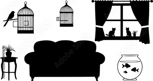 Illustration showcasing a sofa, bird, birdcage, cat, window with curtains, and a fishbowl with a fish inside it | editable eps vectors silhouette
