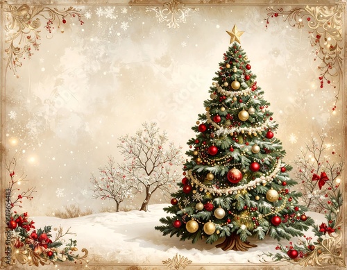 Ornate frame surrounds a snow-dusted winter scene featuring a decorated Christmas tree