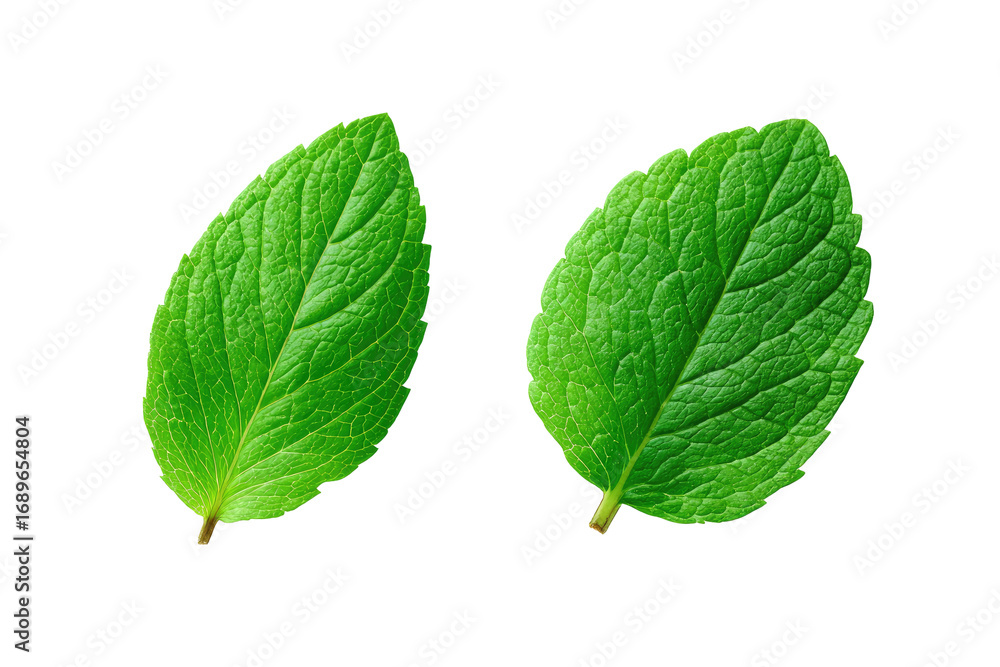 Obraz premium Two vibrant green mint leaves, isolated against black, displaying fine veining