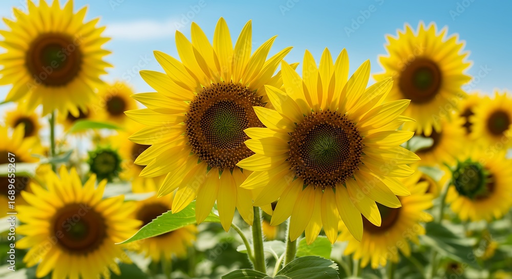 Fototapeta premium Vibrant sunflowers blooming in a sunny field.