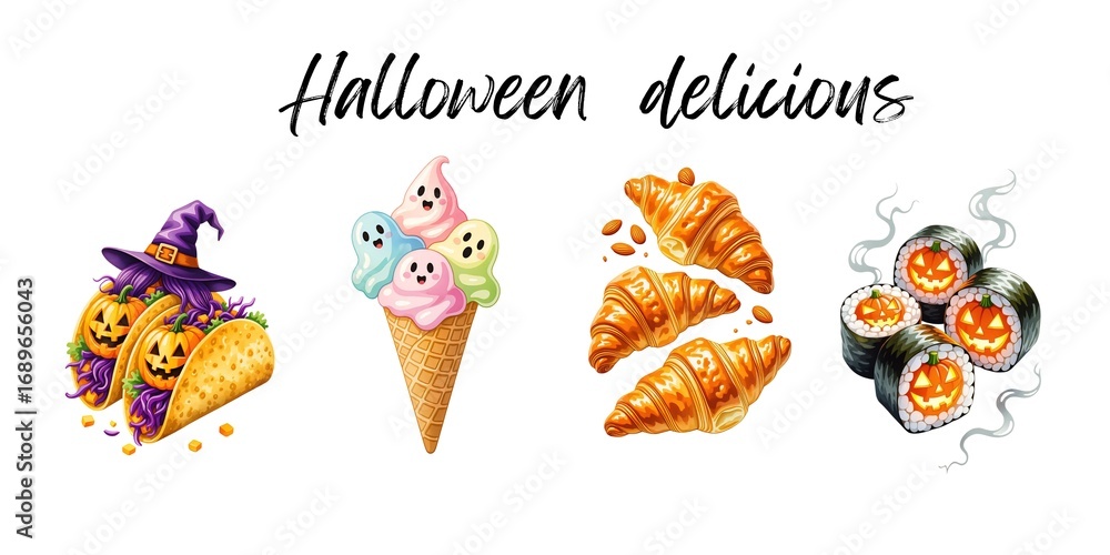 Colorful Halloween treats featuring spooky tacos, ghost ice cream, flaky croissants, and festive sushi
Colorful Halloween treats featuring spooky tacos, ghost ice cream, flaky croissants, and festive sushi
