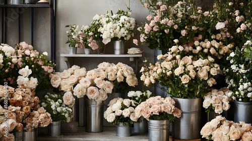 Elegant Blush Pink and White Roses in Metal Vases Flower Shop Bouquet Arrangement
