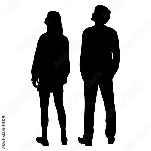 Silhouettes of couple, man and woman, standing business people, looking up, vector, back view, profile, black color isolated on white background