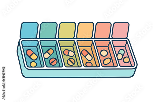 Colorful pill organizer with assorted capsules in compartments pill organizer box