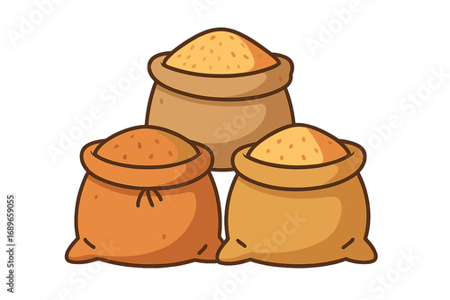 Three bags of grain filled with different types of flour grain sacks stacked