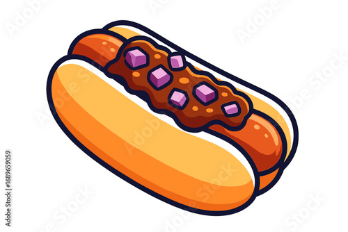 Cartoon hot dog with chili and diced onions chili dog with onions