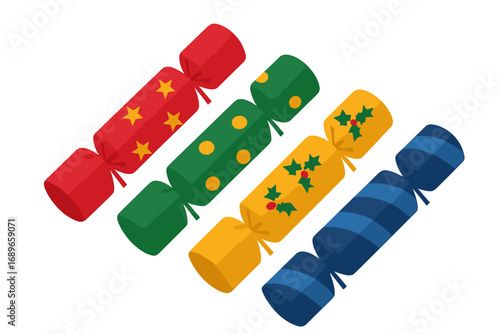 Colorful Christmas crackers in festive designs and assorted colors christmas crackers on table