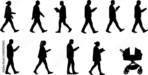 Silhouettes of people walking and reading with a woman pushing a baby stroller on a white background | editable eps vectors
