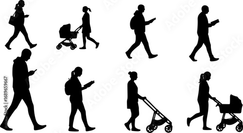 Silhouettes of people walking and reading with a woman pushing a baby stroller on a white background | editable eps vectors
