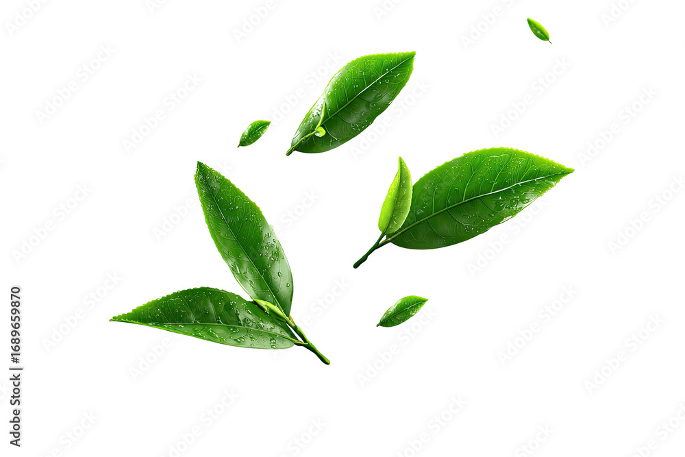 Naklejka premium Fresh tea leaves, vibrant green, appear to be flying or falling