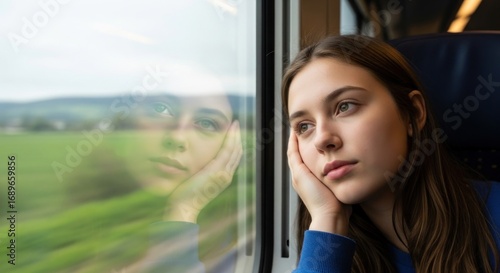 Pensive young woman gazing out train window, reflection showing passing landscape