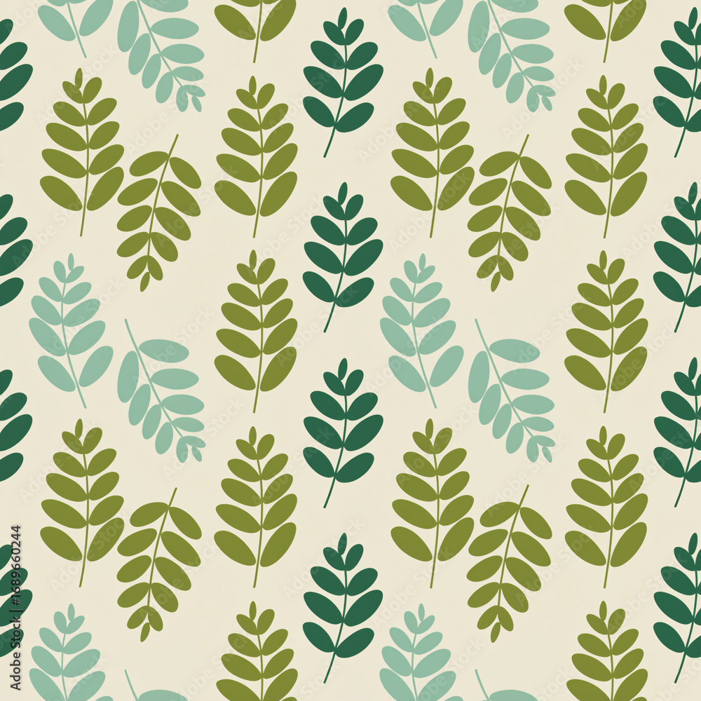 Fototapeta premium Leaf pattern design in green hues on cream background