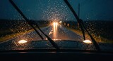 Raindrops on windshield at night, car headlights illuminating the wet road ahead