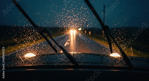Raindrops on windshield at night, car headlights illuminating the wet road ahead