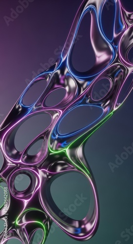 Abstract Metallic Sculpture with Neon Light Edges and Organic Form
