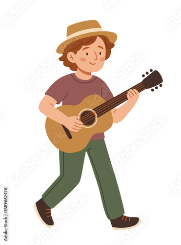 Smiling boy walking and playing acoustic guitar. Flat cartoon musician character in casual clothes and hat. Great for music, street performance, and artistic lifestyle designs.