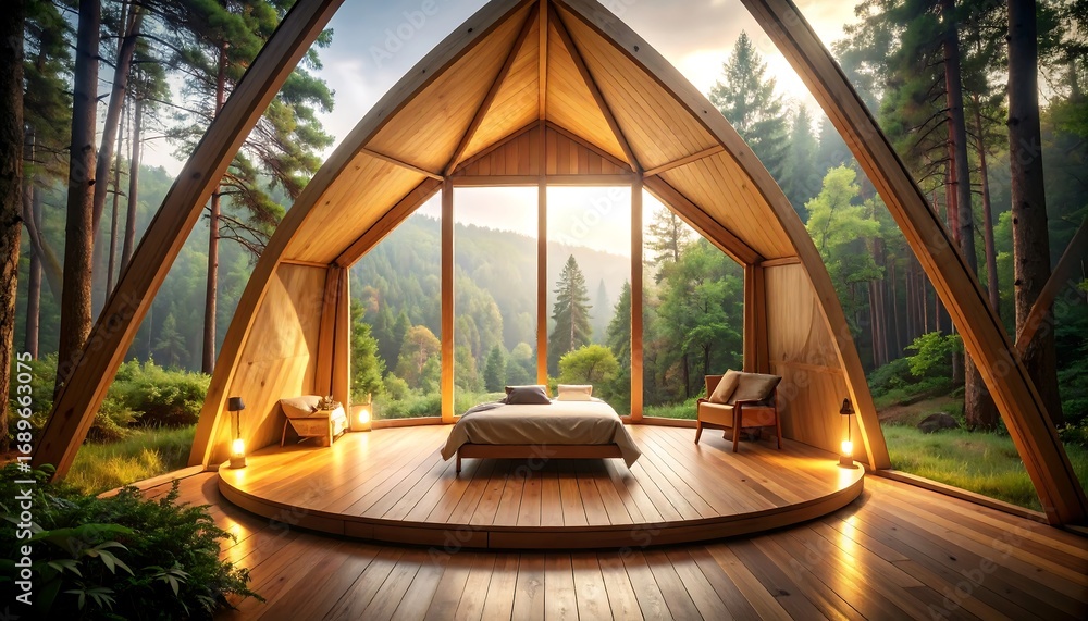 Fototapeta premium Wooden cabin bedroom with forest view
