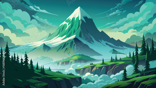 Mountains in the forest. Vector illustration of a cartoon landscape.